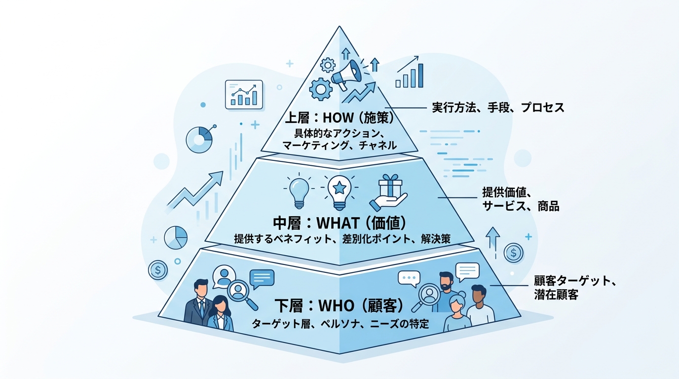 集客の3層構造：WHO-WHAT-HOWの関係を示すピラミッド図