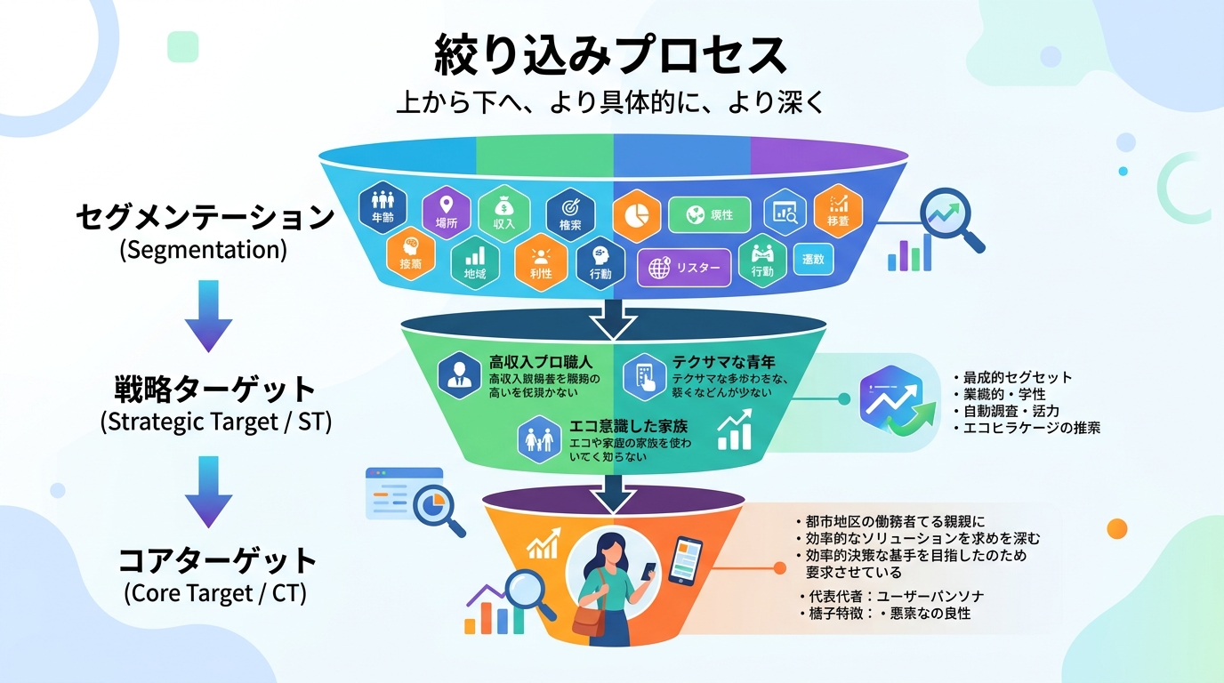 セグメンテーション→ST→CTの3層絞り込み図解