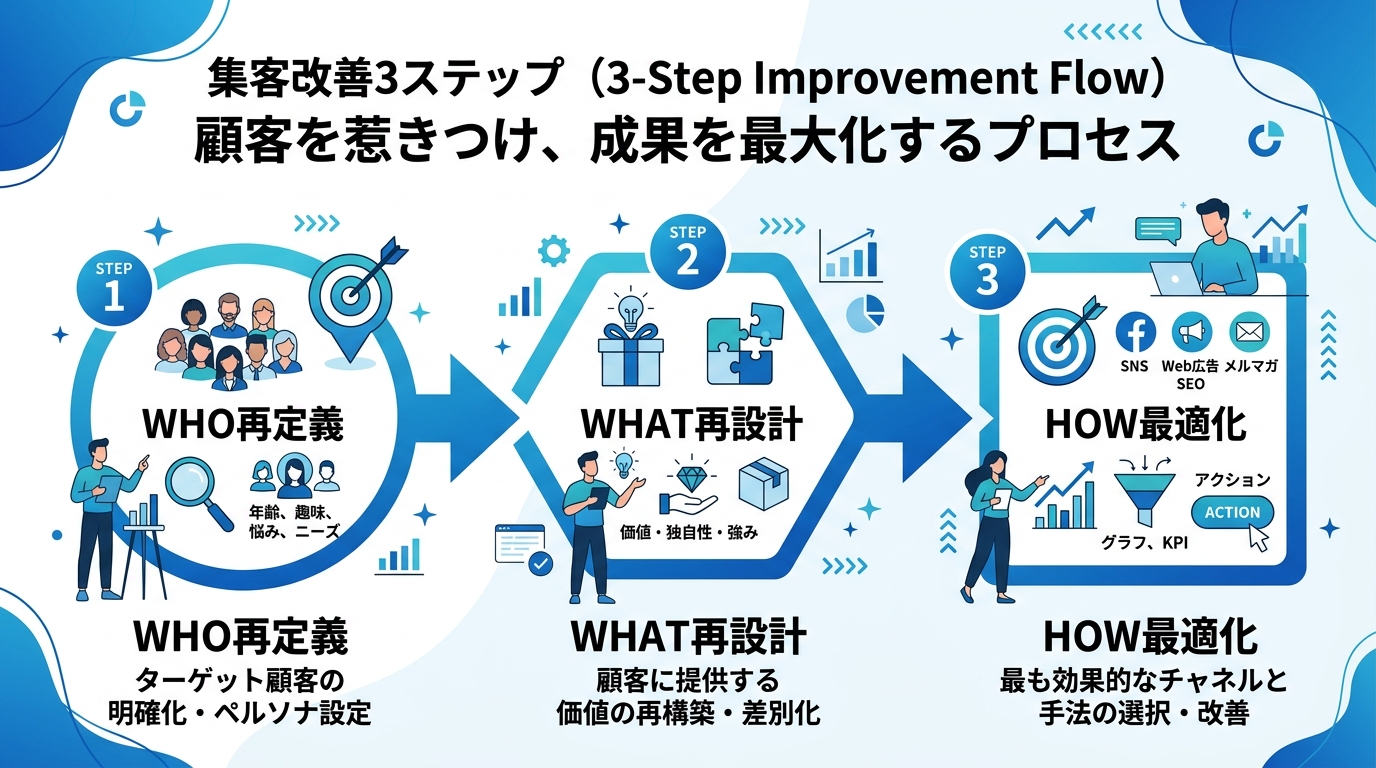 集客改善の3ステップフロー図