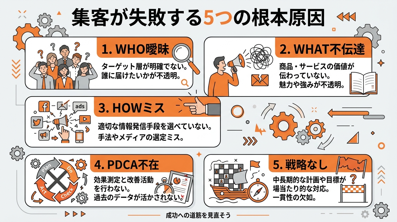 集客が失敗する5つの根本原因のインフォグラフィック