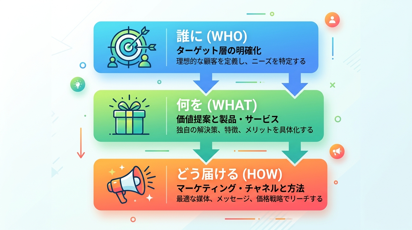 WHO-WHAT-HOWフレームワーク 3段フロー図解