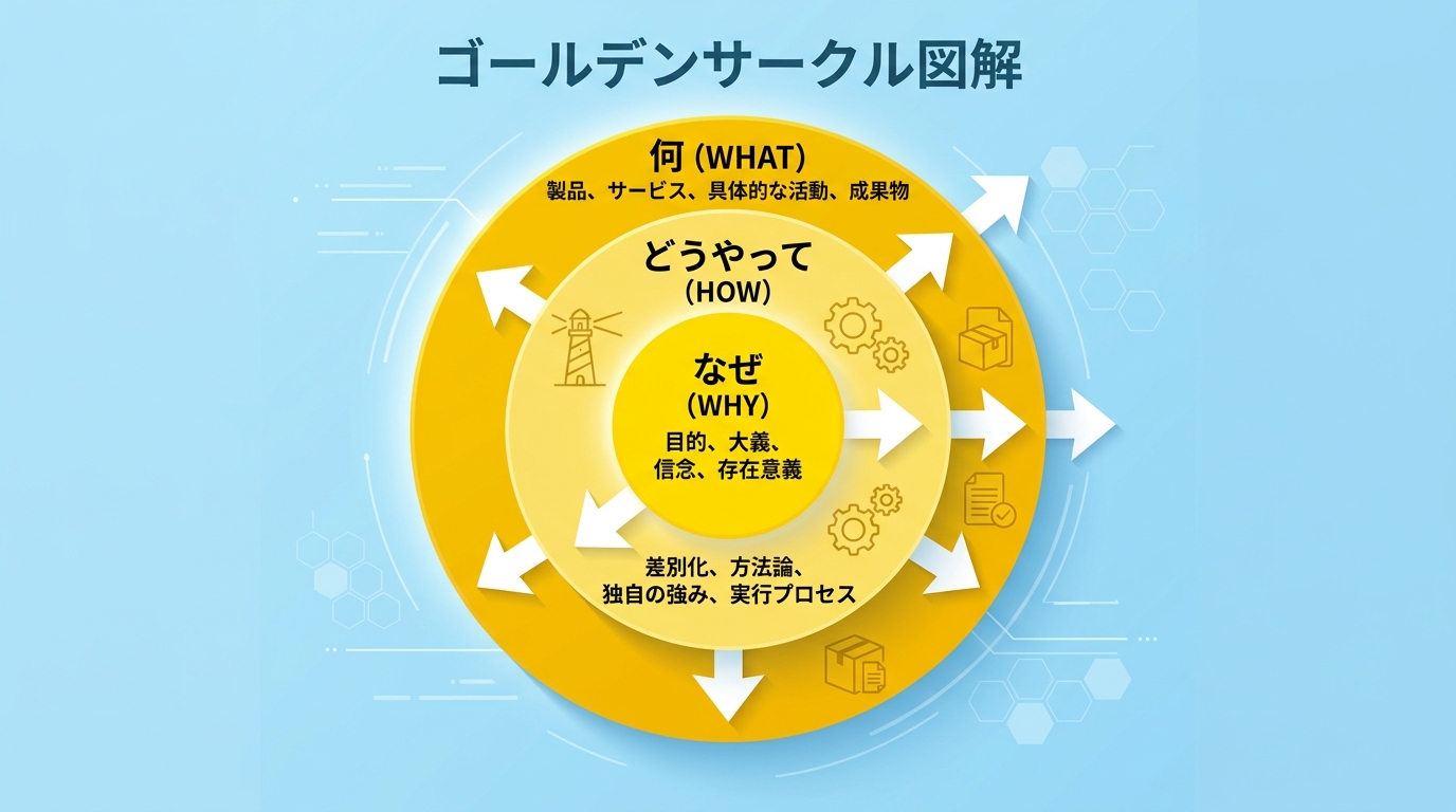 ゴールデンサークル WHY-WHAT-HOW 同心円図解