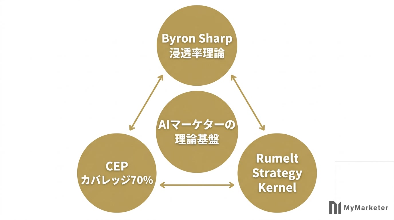 AIマーケターに搭載されたByron Sharp浸透率理論とRumelt戦略カーネルの図解