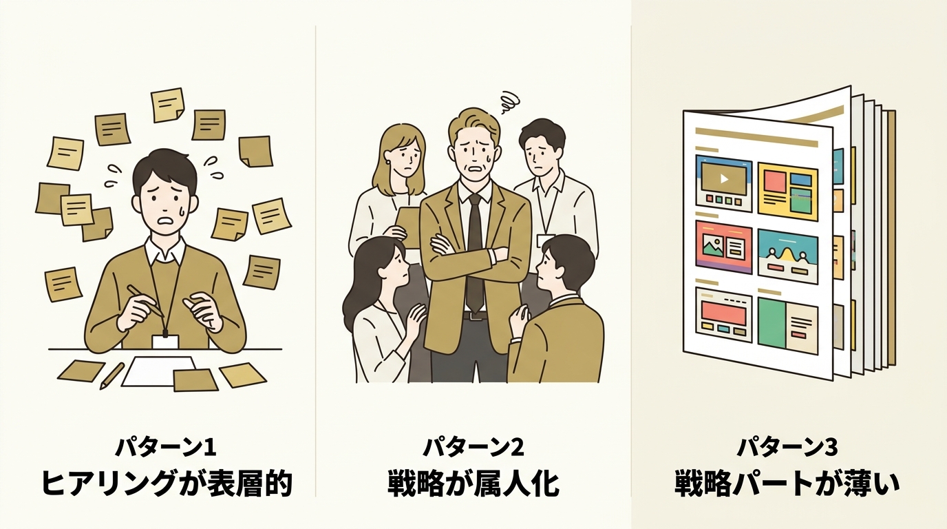 Web制作会社の現場でよくある3つの状況：ヒアリング整理の時間不足、戦略の属人化、提案資料での戦略パート薄化