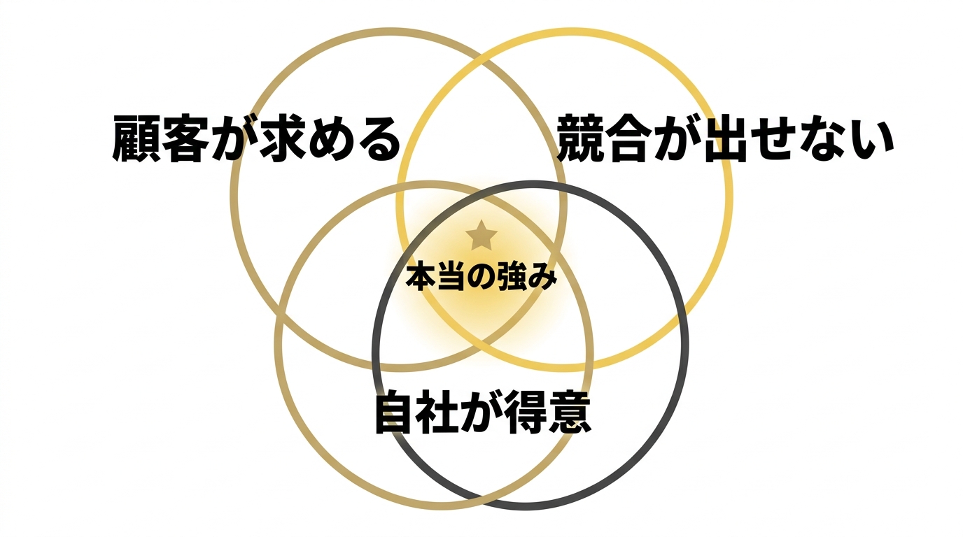 顧客が求める・競合が出せない・自社が得意の3つが重なる本当の強みのベン図
