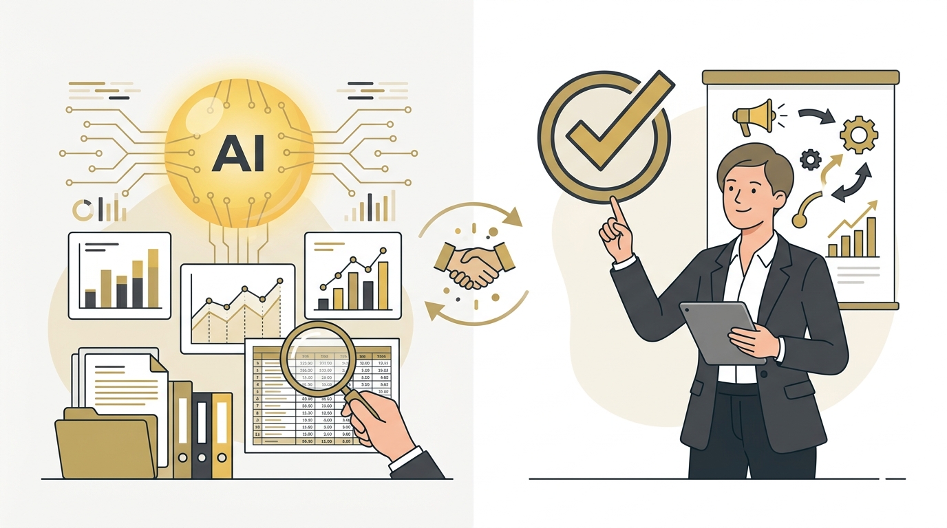 AIが情報整理を担い人が最終判断を下す役割分担を表した図